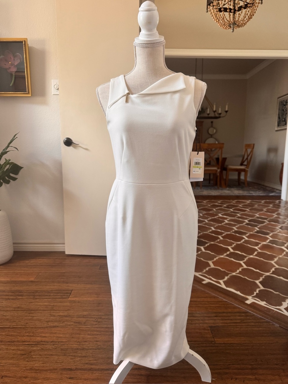Ivanka Trump White Sleeveless Midi Sheath Dress with Zip Accent